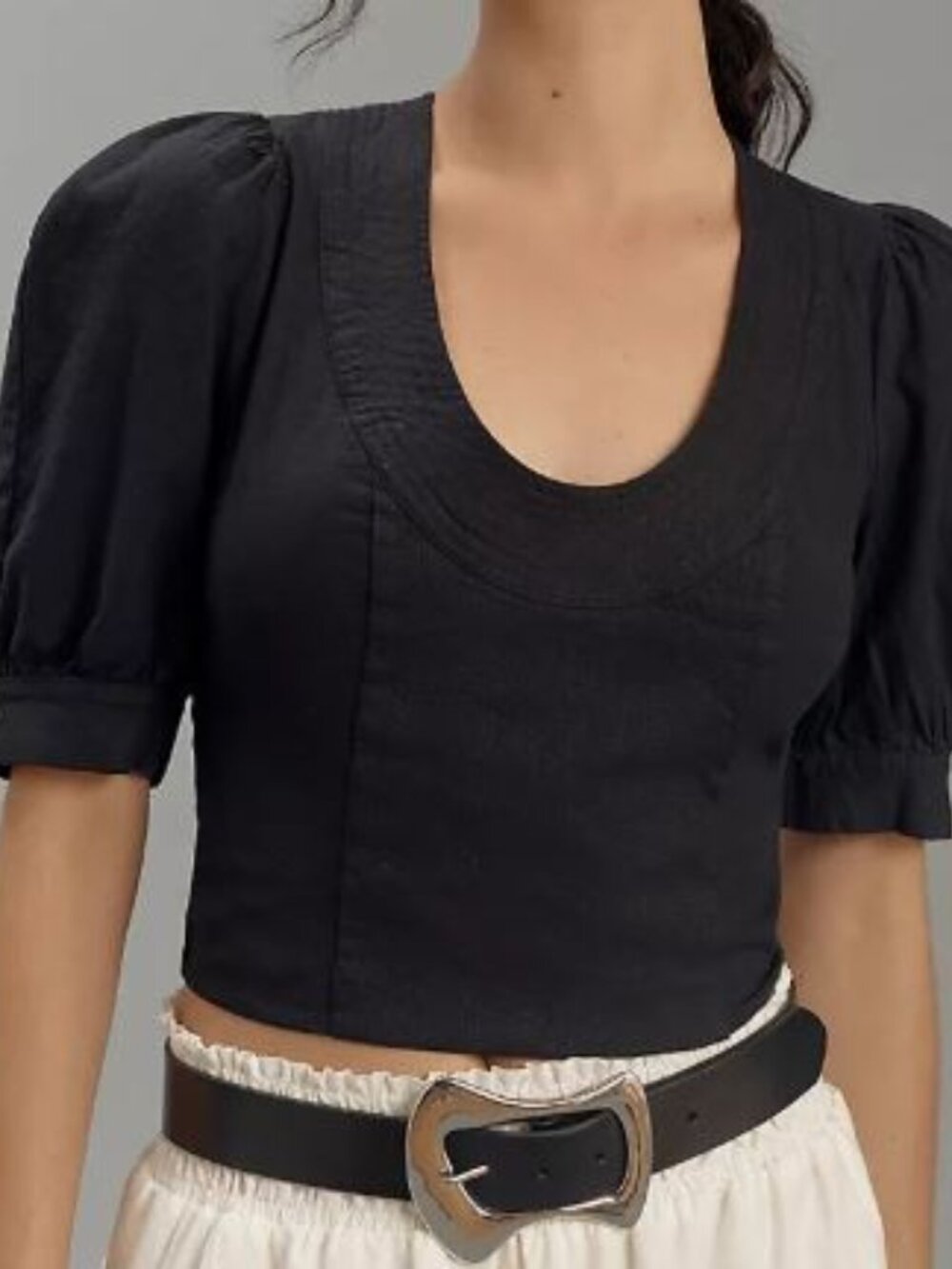 NWT Anthropologie Puff-Sleeve Scoop-Neck Linen Top